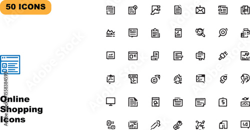 Collection of fifty outline style online shopping icons representing various e-commerce concepts