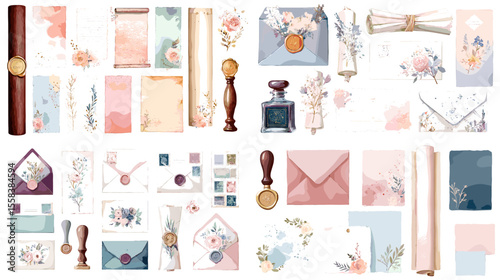 Elegant floral wedding stationery set with envelopes, stamps, wax seals, and paper elements in soft pastel tones. Perfect for invitations and bridal branding.

