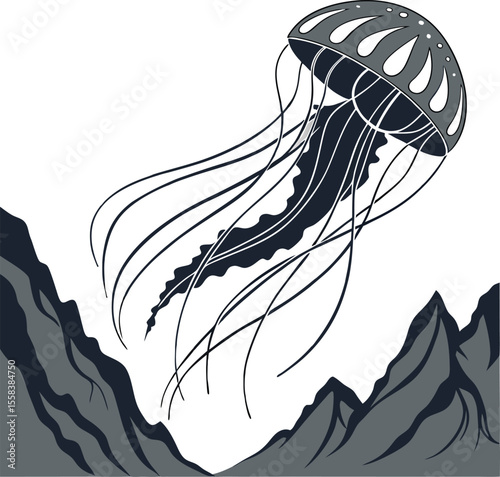 Vector illustration of a girl with long hair and vintage bird wings, hand-drawn in black ink, for a unique tattoo design element