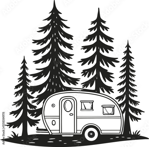 Winter forest camping scene with snow-covered fir trees