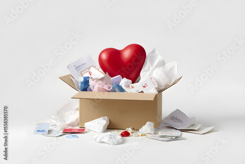 Box filled with symbolic emotional items — heart, tears, letters. Conceptual image about emotional overload.