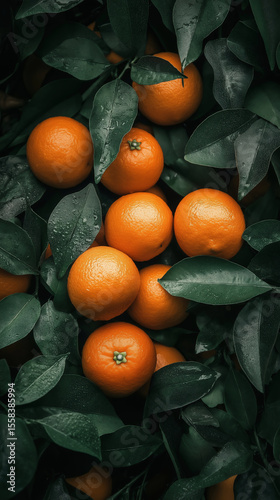 Fresh oranges packed among lush green leaves with natural lighting