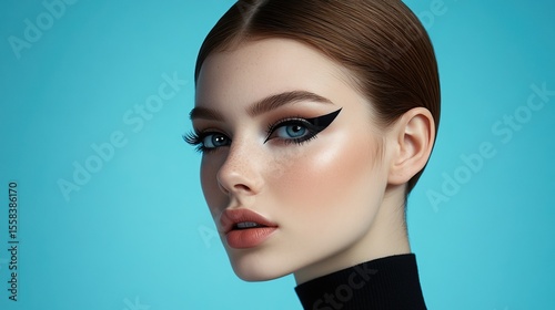 A high-fashion model with dramatic cat-eye makeup and sleek hairstyle 