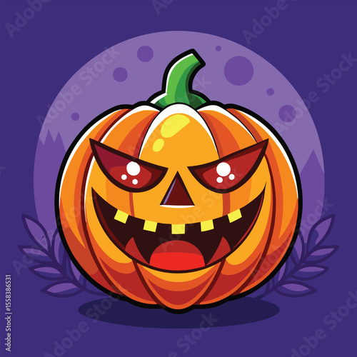 Creepy Halloween Pumpkin with Glowing Eyes and Grin, Cartoon Jack-o'-Lantern in Purple Night Scene, Scary Pumpkin Face Vector with Full Moon Background.