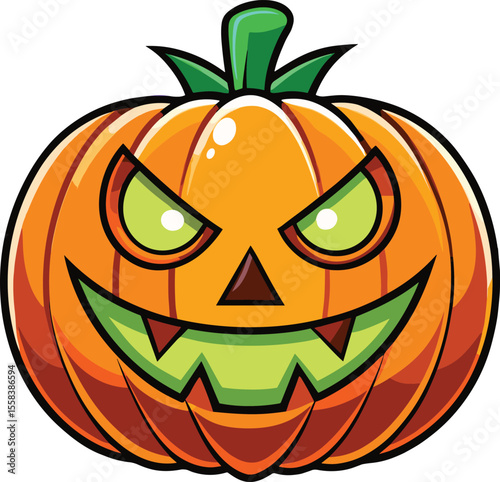 Creepy Halloween Pumpkin with Glowing Eyes and Grin, Cartoon Jack-o'-Lantern in Purple Night Scene, Scary Pumpkin Face Vector with Full Moon Background.