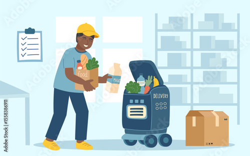 Сoncept of technology and robots delivery. The employee puts the food in the delivery robot. Vector flat background. 2 of 8