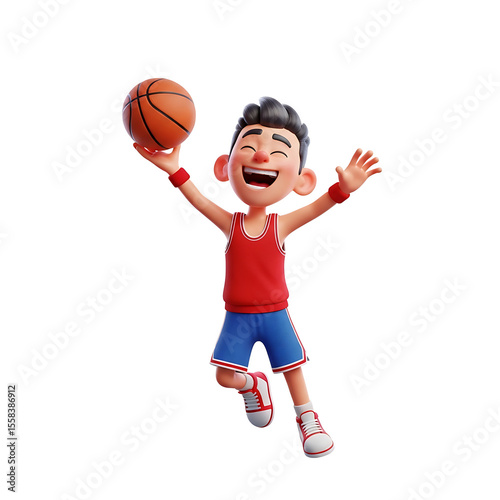 Cheerful cartoon boy jumping and tossing basketball with joyous expression.