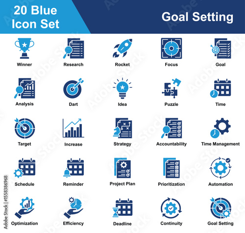 Goal Setting Icon Set Collection. Containing Winner, Research, Rocket, Focus, Goal, Analysis, Dart, Idea, Puzzle, Time, Target, Increase, Strategy, Accountability. Simple Blue Vector Illustration.