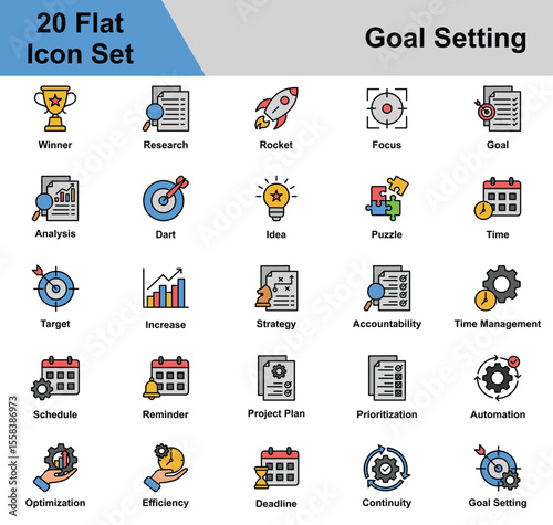 Goal Setting Icon Set Collection. Containing Winner, Research, Rocket, Focus, Goal, Analysis, Dart, Idea, Puzzle, Time, Target, Increase, Strategy, Accountability. Simple Flat Vector Illustration.