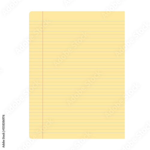 Single yellow lined paper with margin. Blank stationary for notes and writing. Isolated sheet for education document. Vector