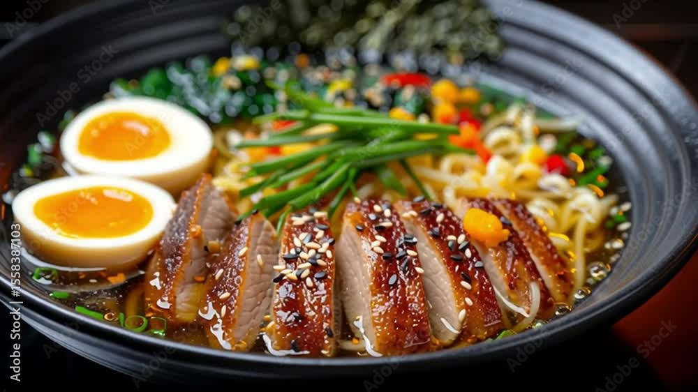 Gastronomic Delight: A vibrant and meticulously composed close-up captures a culinary masterpiece of ramen, featuring succulent duck breast, perfectly cooked eggs, and a medley of fresh.
