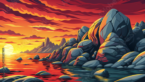 Massive Coastal boulders with calm ocean waves nearby, Highly detailed vector illustration
