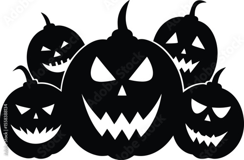 Set of Spooky Pumpkin Face Silhouettes for Halloween Design, Black Jack-o’-Lantern Faces Vector Collection, Creepy Pumpkin Expressions Icon Set for Holiday Décor.