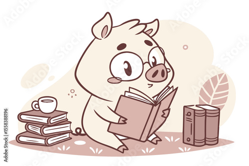 Vector cute Pig cartoon character, reading a book, studious expression, wearing glasses, cozy library setting hint, muted colors, soft lighting, isolated on white background
