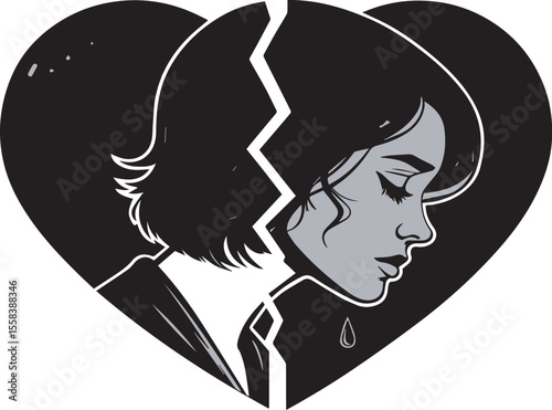 Black silhouette of broken heart with crack line in flat vector style, sad emotion symbol for heartbreak, love loss, pain, sorrow, relationship breakup, grief, loneliness, and emotional distress

