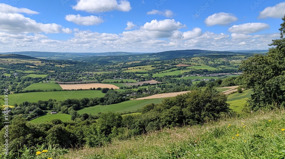 Naklejka premium Panoramic view of a lush green valley, dotted with houses and farmland under a vibrant blue sky filled with fluffy white clouds