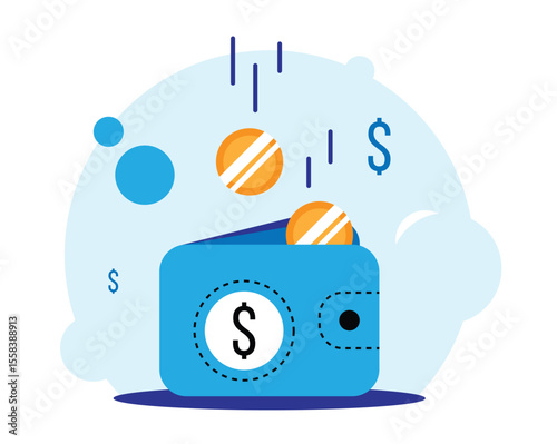 Money Falling into Wallet Earning Income Idea Flat Style. Finances and economy concept vector art
