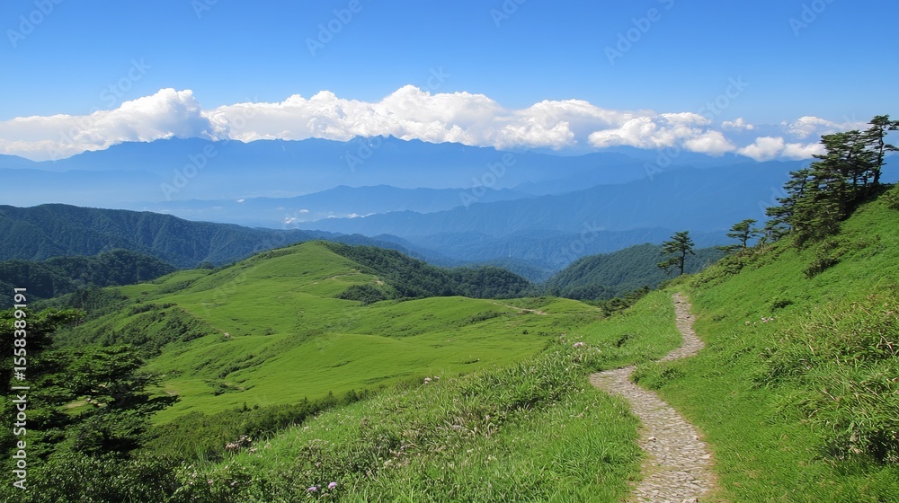 Fototapeta premium Serene mountain trail winds through vibrant green hills, leading to a distant, hazy mountain range under a clear blue sky