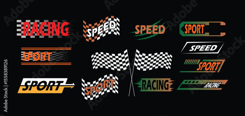 Racing and Speed Label Set with Checkered Flags and Sport Typography Isolated on Black Background