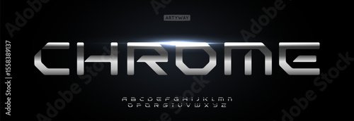 Chrome angular alphabet, bold glossy shiny font, futuristic metallic symbols for tech techno logo, wide industrial lettering cyber sport headline design,sharp urban typographic design. Vector typeset.