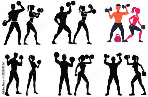 Silhouettes of people exercising with weights and kettlebells fitness workout