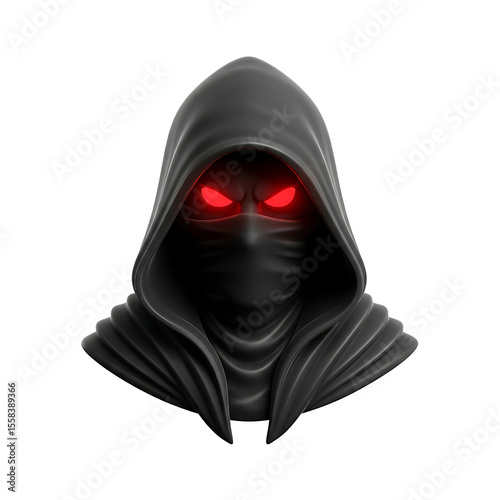 A hooded figure with glowing red eyes against a white background.