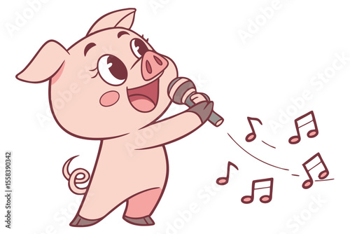 Vector cute Pig cartoon character, singer holding microphone isolated on white background