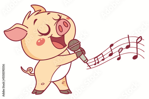 Vector cute Pig cartoon character, singer holding microphone isolated on white background