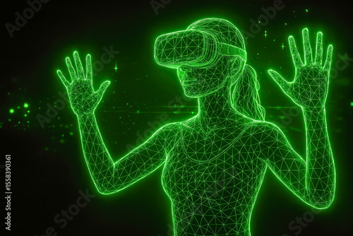 A woman wearing virtual reality goggles made up of lines or dots joined together by thin green beams, giving it an abstract look