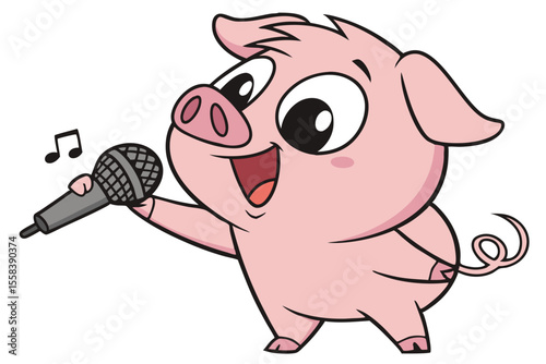 Vector cute Pig cartoon character, singer holding microphone isolated on white background