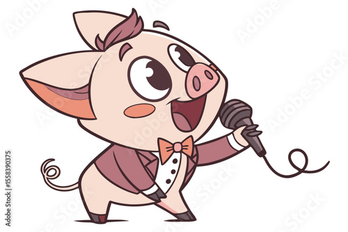 Vector cute Pig cartoon character, singer holding microphone isolated on white background