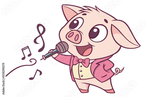 Vector cute Pig cartoon character, singer holding microphone isolated on white background