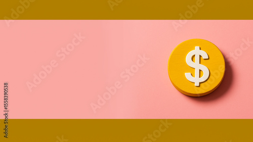 Bright yellow coin with a bold white dollar symbol placed on a soft pastel pink split background ideal for modern financial graphics money concepts banking icons 