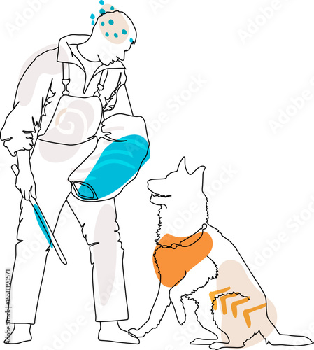 Man training the dog. Vector line art illustration with colorful decoration elements