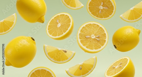 Wallpaper Mural Vibrant Lemon Array: Sliced Citrus Floating on Pale Green Background Torontodigital.ca