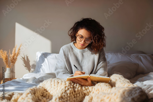 Young woman writing in self-reflection journal under warm light. A peaceful scene of a woman journaling under soft light, capturing a moment of self-awareness, emotional healing, and mindful expressio