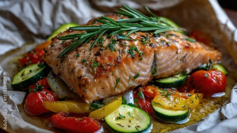 salmon en papillote, salmon in parchment french seafood, zoom out video