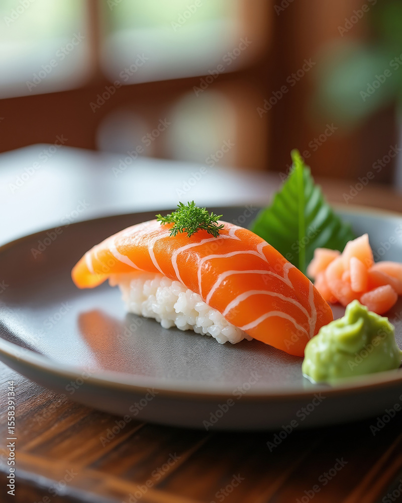 Exquisite Salmon Nigiri Sushi on a Gray Plate with Wasabi and Ginger in a Restaurant Setting, Close-Up View Exquisite Salmon Nigiri Sushi on a Gray Plate with Wasabi and Ginger in a Restaurant Setting, Close-Up View