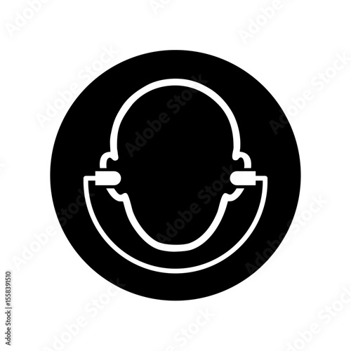 mandatory safety signs_ear plug must be worn_symbol and pictogram only_black and white edition_round shapes

