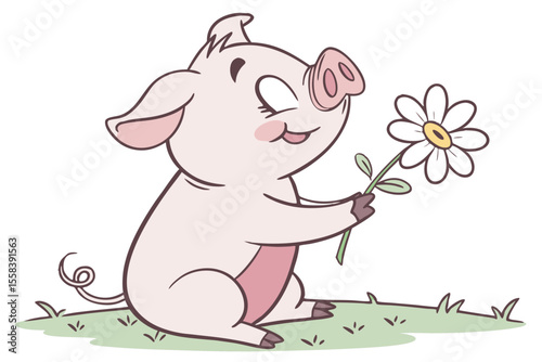 Vector cute Pig cartoon character, sitting pose, happy expression, holding a flower, soft colors, clean lines, isolated on white background