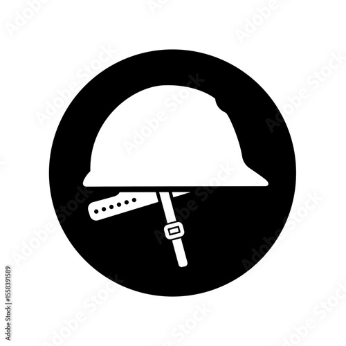 mandatory safety signs_safety helmet and strap must be worn_symbol and pictogram only_black and white edition_round shapes
