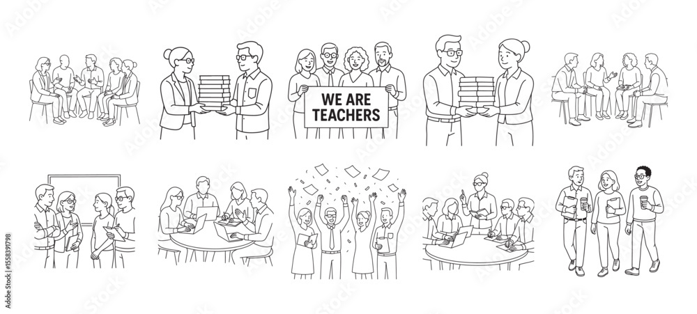 Obraz premium Teachers Collaboration Line Art School Staff Meeting, Education Teamwork, Teacher Group Vector Illustration