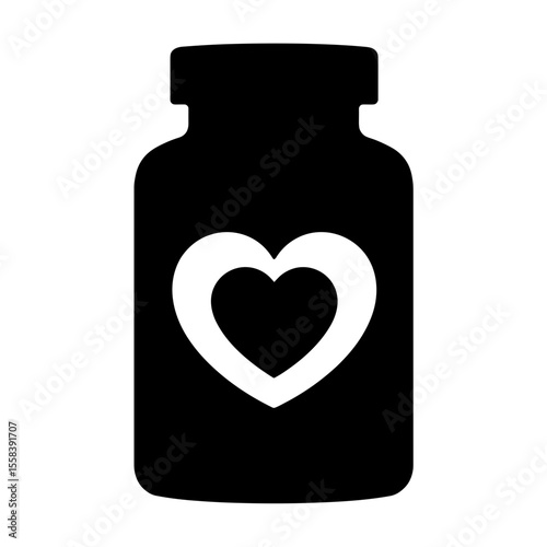 Silhouette of supplement container with heart icon, whole wellness and body care