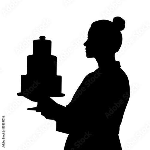 Silhouette of person holding tiered cake, elegant celebration in black and white