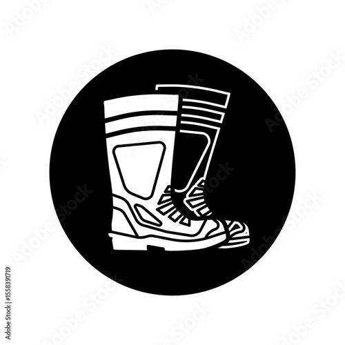 mandatory safety signs_wear foot protection chemical boot_symbol and pictogram only_black and white edition_round shapes
