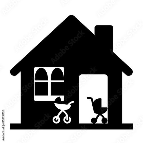 House silhouette with baby stroller icon, kid-friendly family home rental focus