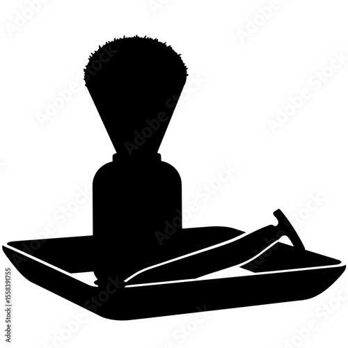 Silhouette of beard brush and razor on grooming tray, barber tool organization