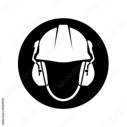mandatory safety signs_wear safety helmet and ear muff_symbol and pictogram only_black and white edition_round shapes
