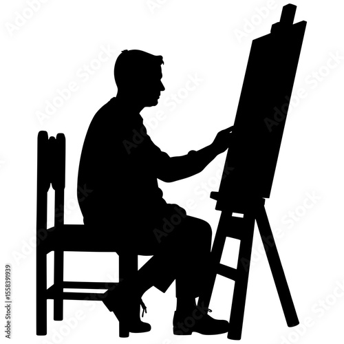 Silhouette of artist painting on easel, creative pause in black and white