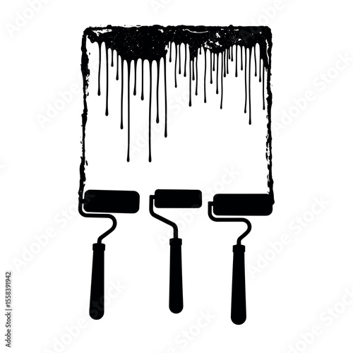 Silhouette of paint rollers with dripping paint, art decoration black and white